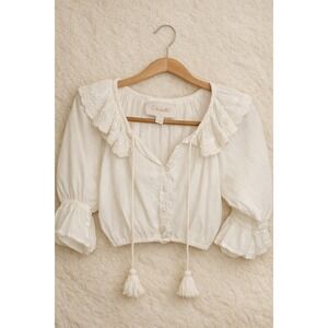 Cleobella White Organic Cotton Embroidered Cropped Blouse XS Boho‎ Tassel